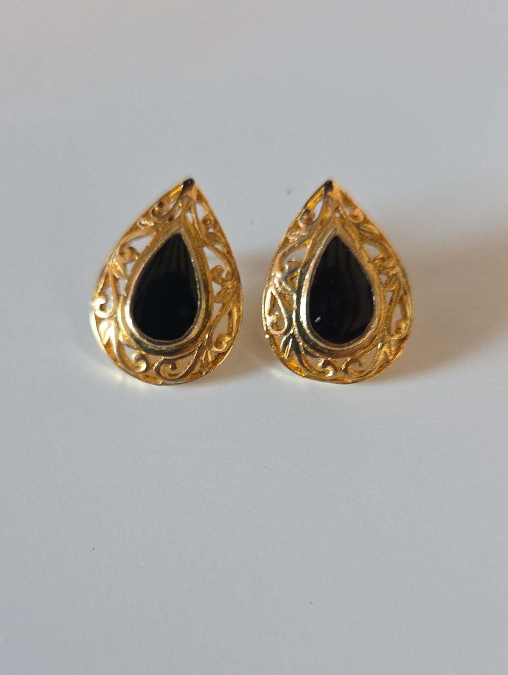 Gold Teardrop Black Stone Stud Earrings
